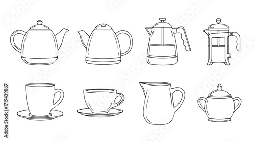 Collection of tea and coffee pots cups and creamer hand drawn sketch style set silhouette