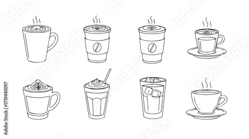 Collection of hand drawn coffee cups and to go drinks with steam for cafes and beverages silhouette