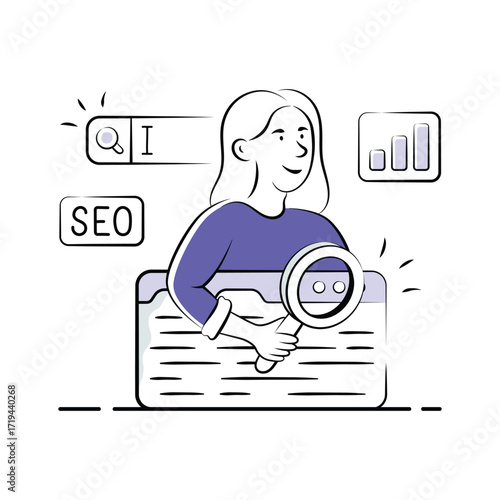 A stylized illustration of a woman examining website content with a magnifying glass.