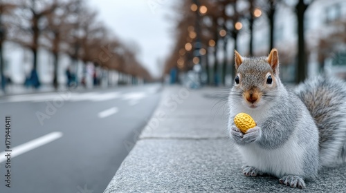 Fototapeta Naklejka Na Ścianę i Meble -  Squirrel Eating Nut on City Sidewalk During Cloudy Day Close Up Wildlife Portrait