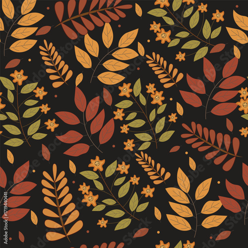 Print autumn_floral_pattern_stylized_leaves_fall_seasonal_themed_black_background