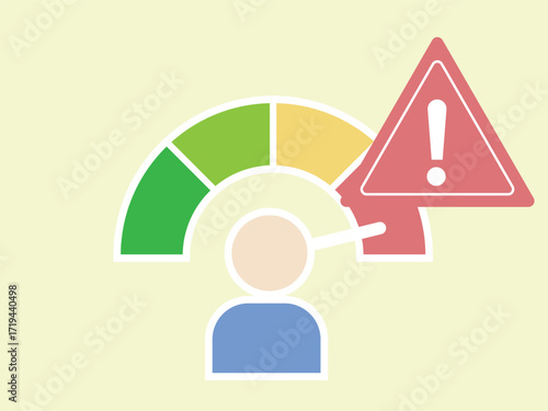 An abstract illustration showing a person facing a gauge with green, yellow, and red sections, and a red warning triangle.
