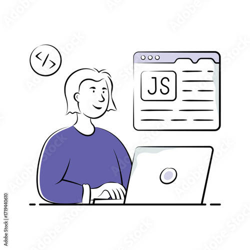 A stylized illustration of a woman happily coding JavaScript on a laptop.