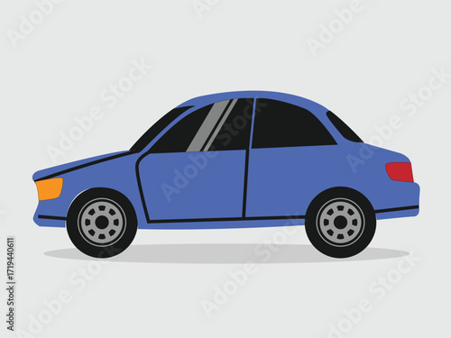 A blue sedan car is illustrated in a simple, flat design style, presented in a side view against a light grey background.