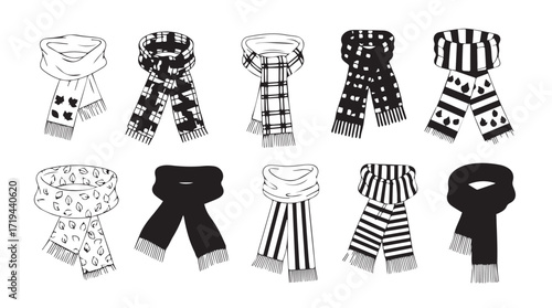 Collection of warm winter scarves displayed with diverse patterns and textures silhouette