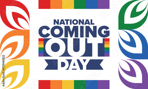 National Coming Out Day. Happy holiday. Pride month. LGBT rainbow flag. Diversity and equality. Gay and lesbian. Free love, heart shape. Illustration. Vector poster