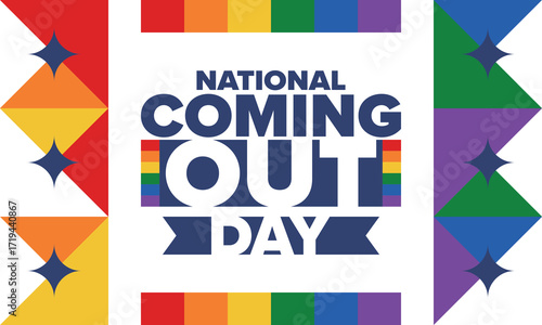 National Coming Out Day. Happy holiday. Pride month. LGBT rainbow flag. Diversity and equality. Gay and lesbian. Free love, heart shape. Illustration. Vector poster