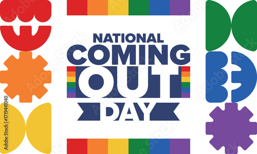 National Coming Out Day. Happy holiday. Pride month. LGBT rainbow flag. Diversity and equality. Gay and lesbian. Free love, heart shape. Illustration. Vector poster