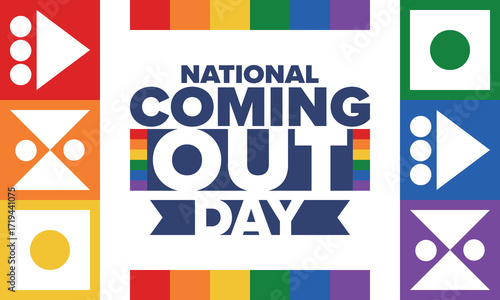 National Coming Out Day. Happy holiday. Pride month. LGBT rainbow flag. Diversity and equality. Gay and lesbian. Free love, heart shape. Illustration. Vector poster