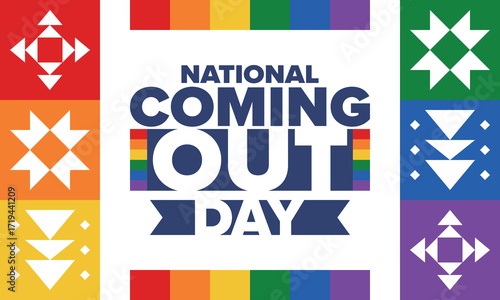National Coming Out Day. Happy holiday. Pride month. LGBT rainbow flag. Diversity and equality. Gay and lesbian. Free love, heart shape. Illustration. Vector poster