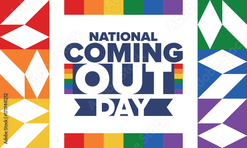 National Coming Out Day. Happy holiday. Pride month. LGBT rainbow flag. Diversity and equality. Gay and lesbian. Free love, heart shape. Illustration. Vector poster