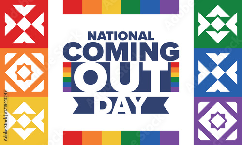 National Coming Out Day. Happy holiday. Pride month. LGBT rainbow flag. Diversity and equality. Gay and lesbian. Free love, heart shape. Illustration. Vector poster