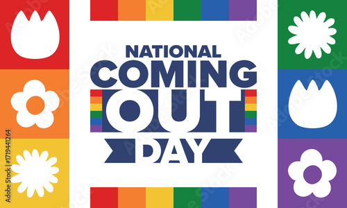 National Coming Out Day. Happy holiday. Pride month. LGBT rainbow flag. Diversity and equality. Gay and lesbian. Free love, heart shape. Illustration. Vector poster
