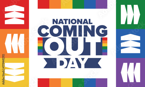 National Coming Out Day. Happy holiday. Pride month. LGBT rainbow flag. Diversity and equality. Gay and lesbian. Free love, heart shape. Illustration. Vector poster