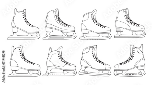 Collection of eight detailed line art ice skate outlines for sports and recreation silhouette