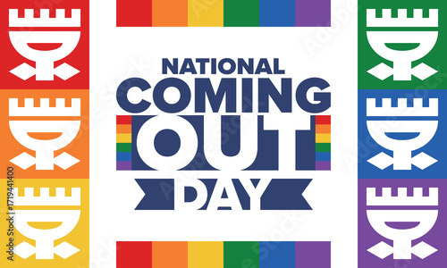 National Coming Out Day. Happy holiday. Pride month. LGBT rainbow flag. Diversity and equality. Gay and lesbian. Free love, heart shape. Illustration. Vector poster