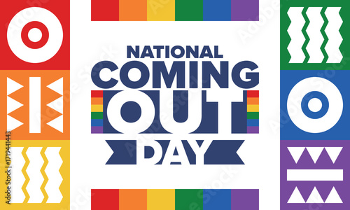 National Coming Out Day. Happy holiday. Pride month. LGBT rainbow flag. Diversity and equality. Gay and lesbian. Free love, heart shape. Illustration. Vector poster