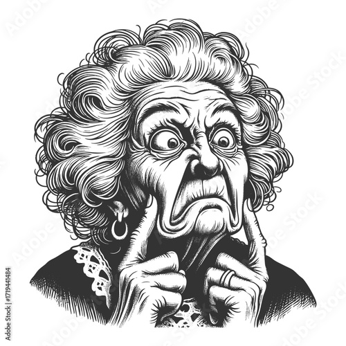 elderly woman, pulling down the corners of her mouth with both index fingers, exaggeratedly grumpy expression sketch engraving generative ai vector illustration. Scratch board. Black and white.