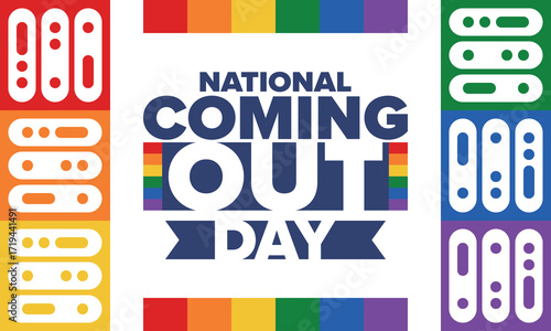 National Coming Out Day. Happy holiday. Pride month. LGBT rainbow flag. Diversity and equality. Gay and lesbian. Free love, heart shape. Illustration. Vector poster