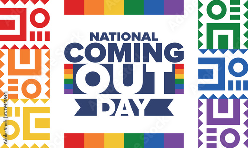 National Coming Out Day. Happy holiday. Pride month. LGBT rainbow flag. Diversity and equality. Gay and lesbian. Free love, heart shape. Illustration. Vector poster