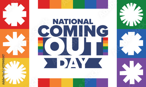 National Coming Out Day. Happy holiday. Pride month. LGBT rainbow flag. Diversity and equality. Gay and lesbian. Free love, heart shape. Illustration. Vector poster