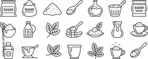 Sugar And Sweeteners Icons Sugar Bowl Spoon And Leaves food ingredient