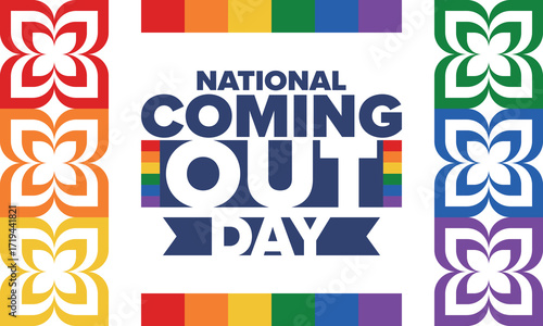 National Coming Out Day. Happy holiday. Pride month. LGBT rainbow flag. Diversity and equality. Gay and lesbian. Free love, heart shape. Illustration. Vector poster