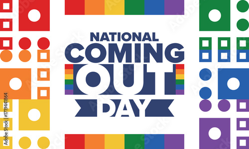 National Coming Out Day. Happy holiday. Pride month. LGBT rainbow flag. Diversity and equality. Gay and lesbian. Free love, heart shape. Illustration. Vector poster