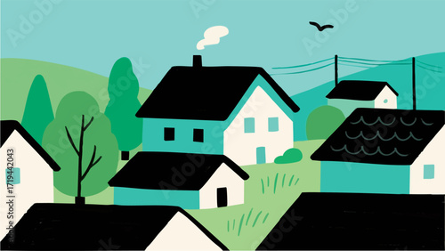 Simple, minimalist illustrations featuring Scandinavian-style houses. Residential neighborhood. My home. Detached house. Real estate. Miniature garden.