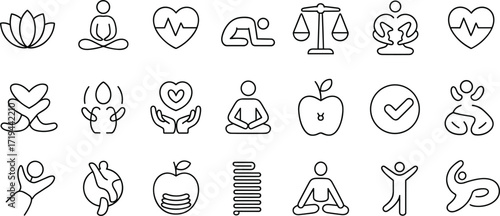 Yoga meditation wellness health and fitness icons set Keywords: yoga, meditation, wellness