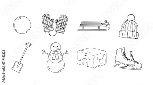 Collection of winter snow accessories and activities isolated on for design silhouette