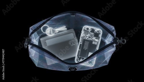 X-ray of a person bag or purse. clearly shows the everyday items inside keys, wallet, and a phone in a clean, graphic style. conveys security, public safety, look into the hidden items of daily life