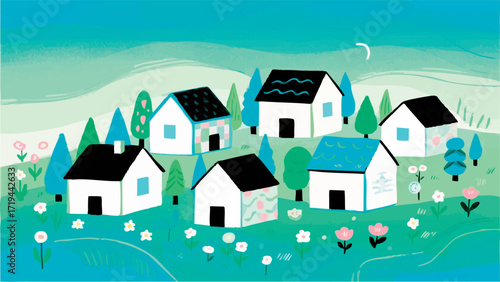 Simple, minimalist illustrations featuring Scandinavian-style houses. Residential neighborhood. My home. Detached house. Real estate. Miniature garden.