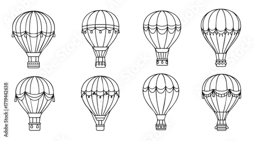 Collection of vintage hot air balloons detailed line art sketches for adventure travel silhouette