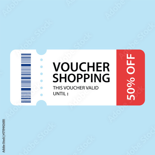 50% Off Sale Voucher Coupon. Discount Gift Voucher, Promotion Illustration, Tag Label, Big Sale Banner, Super Sale Coupon Code for Website, Social Media, Summer and Holiday Deals.