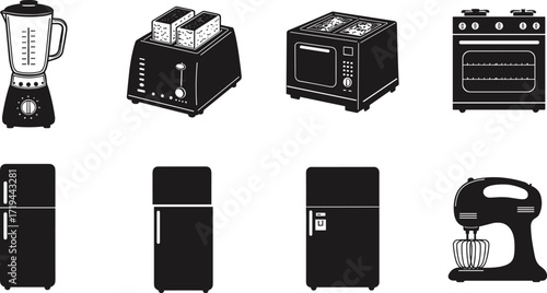 Vector Silhouette Set of Kitchen Appliances Including Refrigerator, Blender, Toaster, Oven, Microwave, and Mixer for Culinary Design