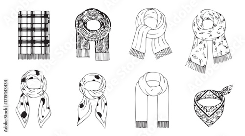 Collection of hand-drawn scarves and neckwear styles for fashionable accessories silhouette