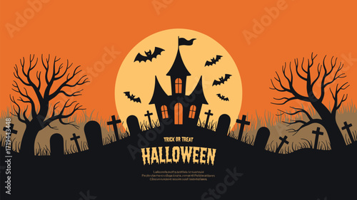 Halloween haunted house illustration, glowing moon bats graveyard twisted trees spooky orange sky, trick or treat banner, festive vector clipart