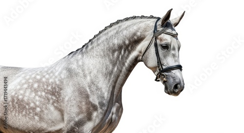A majestic grey horse with a braided mane and a bridle, captured in a studio portrait against a clean white background.