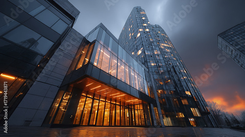 Modern glass office building with steel facade illuminated at dusk, reflecting warm interior lights against moody cloudy sky, showcasing urban architecture and cityscape beauty
