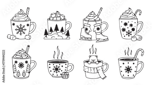 Cozy winter hot drinks collection festive mugs with whipped cream and decorations for holidays silhouette