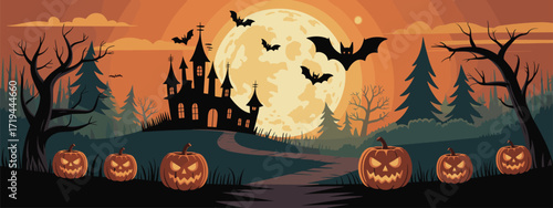 Halloween haunted house illustration, glowing moon bats twisted trees jack-o'-lanterns winding path spooky hill, festive eerie design, vector clipart