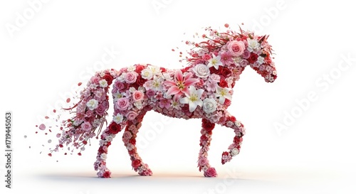 A majestic horse sculpture artfully crafted from a vibrant arrangement of pink and red flowers, with its mane and tail appearing to dissolve into a cloud of petals.