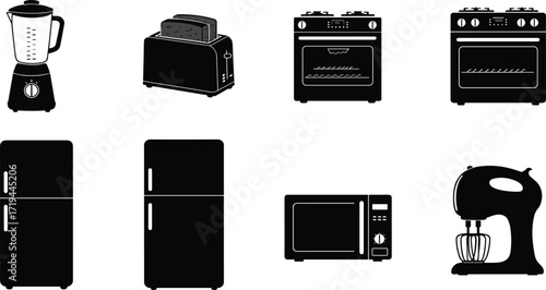 Vector Silhouettes of Kitchen Appliances Including Blender, Toaster, Ovens, Refrigerators, Microwave, and Mixer for Culinary and Home Design