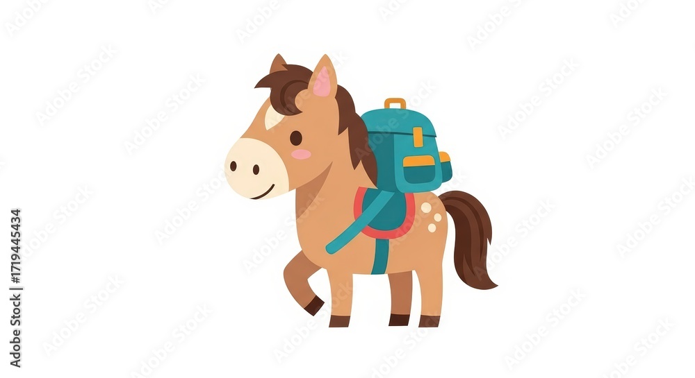 Obraz premium A cute cartoon horse with a backpack on its back, ready for an adventure.