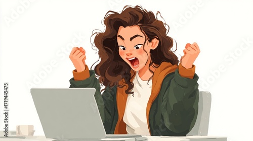 Young woman celebrates victory at her desk while working on a laptop, expressing joy and excitement
