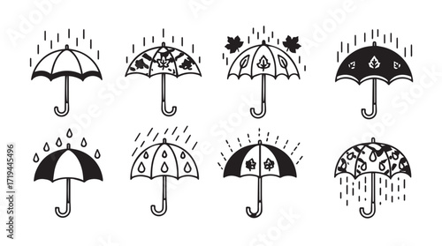 Collection of autumn umbrellas with falling leaves and raindrops cozy fall weather protection silhouette