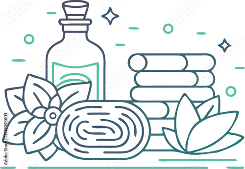 A collection of spa and wellness icons, including a hand and various other items, is illustrated as a vector design