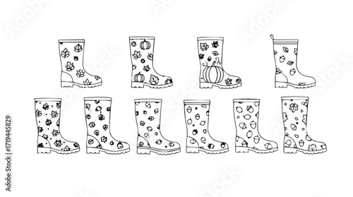 Collection of children's rain boots with fun patterns for outdoor adventures and play silhouette