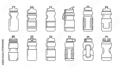 Collection of various sports water bottles ready for hydration and fitness activities silhouette